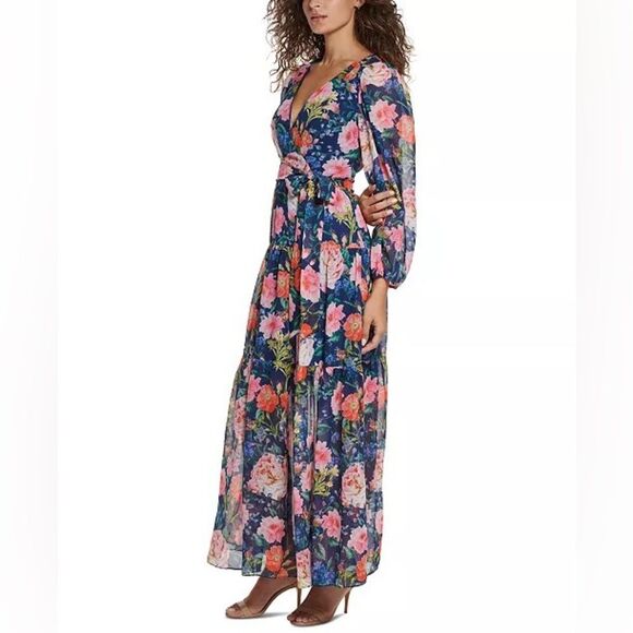 ELIZA J Blue Pink Floral Chiffon Long Sleeve Maxi Dress Tiered Size 2 4‎ New - Picture 11 of 11